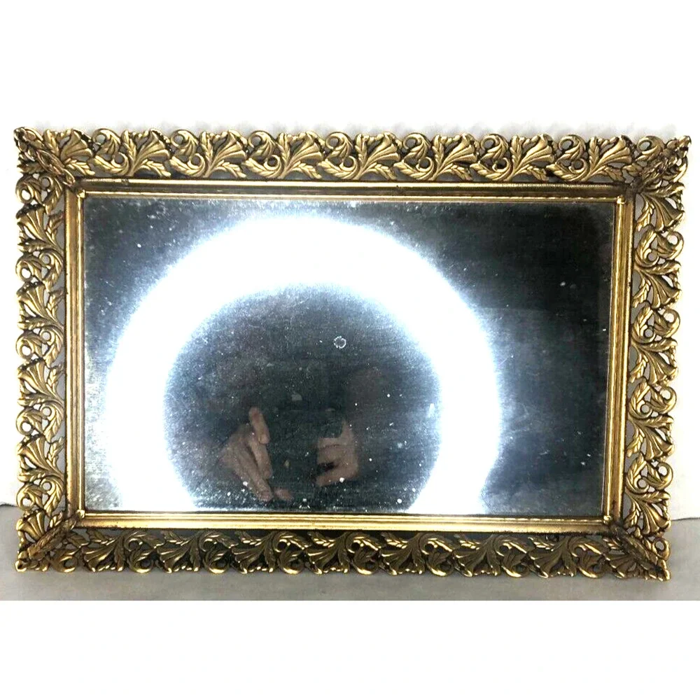 Vintage Dresser Vanity Mirror Tray 15”x10” Hollywood Regency Metal Filigree Gold